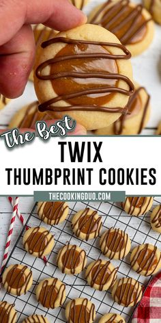 A hand holding a Twix thumbprint cookie and more on a baking rack. Xmas Baking Recipes, Bake Sale Cookies, Simple Sugar Cookies, Easy Holiday Baking, Bake Sale Treats, Twix Bars, Cookie Exchange Recipes, Thumbprint Cookies Recipe, Monster Cookie