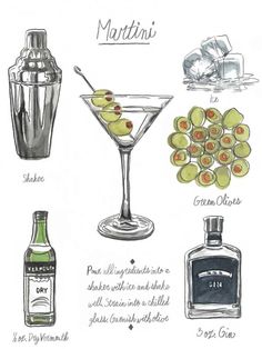 an illustration of martini cocktails with olives