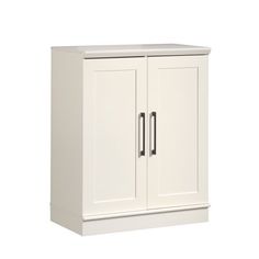 a white cabinet with two doors on it