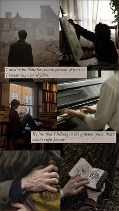 a series of photos with people playing piano and writing on the sheet music, while another person sits at a piano