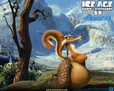 an ice age movie poster with a fox on top of a rock