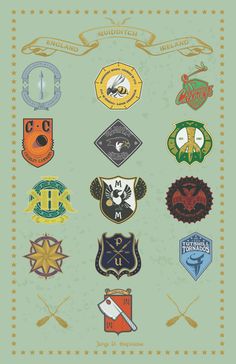 a bunch of different badges on a green background