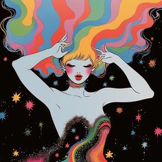 an illustration of a woman with rainbow hair and stars on her head, in front of a black background