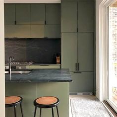 two stools are in front of the kitchen counter