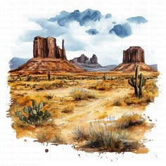 a watercolor painting of the desert with mountains and cactus trees in the foreground