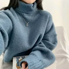 cozy outfit, sweater, aesthetic, cozy sweater, casual outfit, oversized sweater, fashion, fashion inspo, korean fashion Dark Academia Crochet, Crochet Knit Sweater, Korean Top, Womens White Jeans, Blue Turtleneck, Crochet Hoodie, Turtleneck Sweaters, Knitted Tops