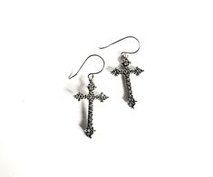 Gothic cross sterling silver earrings on fish-hooks. I had the idea to get a CZ set cross cast in silver, and was very happy with the result! They almost look like marcasite. The earrings are antiqued and then highly polished.  They measure 4.1 cm (including the hooks) long x 1.9 cm.  Stamped 925 on the hooks. Overall weight 5.2 grams. Supplied in a gift box. Grunge Cross Earrings, Silver Oxidized Crucifix Jewelry, Goth Cross Earrings, Gothic Cross-shaped Pierced Earrings, Gothic Cross Pendant With Oxidized Finish, Orthodox Cross, Gothic Crosses, Fish Hook, Sterling Silver Earrings