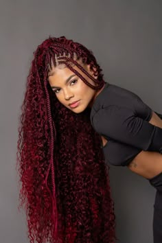 Black And Red Hairstyles For Black Women, All Red Box Braids, Box Braids Vermelho, 99j Braids, Burgundy Boho Braids, Red Boho Braids, Red Hair Braids, Box Dreads, Burgundy Braids