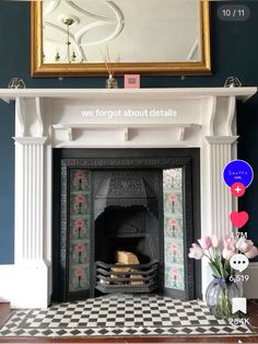 a fireplace with a mirror above it that says we forgot about details on the mantle