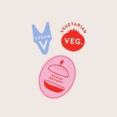 vegan stickers on a white background with blue, red and pink lettering that says vegetarian veg