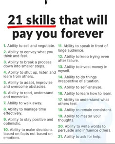 a poster with the words 21 skills that will pay you forever in red and green