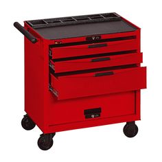 a red tool box with three drawers and wheels on the bottom, one drawer is open