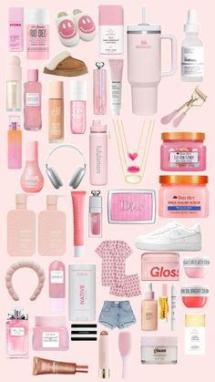 a collage of pink and white items