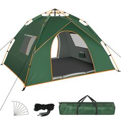 a green tent with the door open next to it's sidewall and accessories