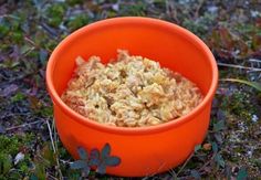 an orange bowl filled with cereal sitting on the ground next to some grass and flowers