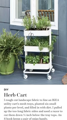 an advertisement for herb cart with plants growing in the trays and on the shelf