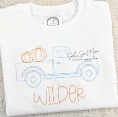 Southern Sketch-Pumpkin Truck Truck Embroidery, Stitch Outline, Basic Hand Embroidery Stitches, Bean Stitch, Halloween Embroidery Designs, Embroidery T Shirt, Pumpkin Truck, Halloween Embroidery, Pretty Designs