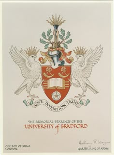 the official seal of the university of bradford, with two doves on each side