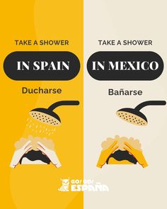 two different types of shower heads with the words take a shower in spain and in mexico