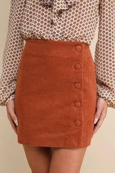 Rust Brown Corduroy Skirt - Button Front Skirt - A-Line Skirt - Lulus Lulu Skirt, Button Front Skirt, Corduroy Skirt, Covered Buttons, A Line Skirts, Long Sleeve Top, High Waisted Skirt, Long Sleeve Tops, Rust