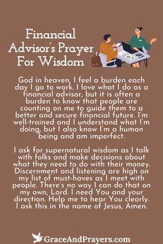 a brown background with an image of two people sitting at a table and the words financial advisory prayer for wisdom