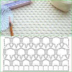 the crochet pattern is next to a pencil and some knitting needles on a tablecloth