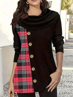 Lasaky - Refined Plaid Print Button-Embellished T-Shirt: Premium Long Sleeve Top for Spring & Fall, Exquisite Womens Apparel Cheap Blouses, Long Sleeve Tops Casual, Plaid Fashion, Long Sleeve Plaid, Loose Blouse, Women Hoodies Sweatshirts, Black Plaid, Pullover Sweatshirts, Top Casual