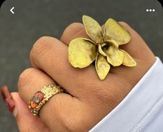 Colorful Gold Earrings, Vintage Flower Jewelry, Handmade Gold Flower Ring, Nature-inspired, Handmade Gold Flower Ring Nature-inspired, Gold Flower Ring Nature-inspired, Flower Ring With Open Ring Shape For Gifting, Unique Gold Flower Ring Gift, Gold Nature-inspired Flower Ring, Unique Gold Flower Ring As Gift