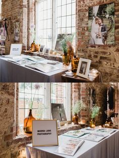 two photos of a table with pictures on it