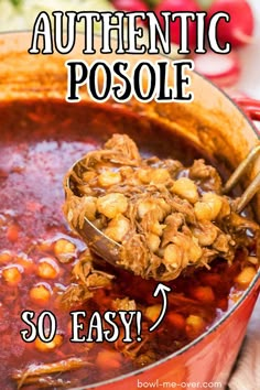 Posole stew with pork and hominy in red chili sauce in Dutch Oven with ladle dishing out a serving. With Pinterest overlay. Authentic Pozole Recipe, Easy Posole Recipe, New Mexico Posole Recipe, Authentic Pozole, Pozole Recipe Pork, Easy Pozole Recipe, Pasole Recipe, Posole Recipe, Pozole Recipe