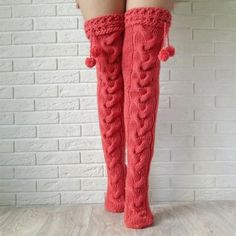 New Beautiful Coral Color Top To Bottom Is About 29” Depending On Your Height These Might Fit As Over The Knee Or Thigh High Manufacturer Suggested Sizing Is Os Material: Acrylic Over The Knee, The Knee, Stockings, Socks, Boots, Red