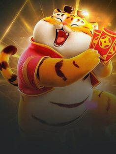 an animated tiger holding a red object in its mouth and wearing a crown on it's head