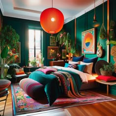 a bedroom with green walls and colorful bedding Cool Colors For Bedroom Walls, Vibrant Maximalist Bedroom, Colorful Boho Bedroom Jewel Tones, Bedroom Design Maximalist, Boho Bedroom Jewel Tone, Bold Color Living Room, Teal Room Ideas Bedrooms, Vibrant Boho Bedroom, Eccentric Bedroom Decor