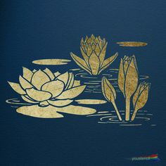 the water lilies are floating on top of the blue surface with gold foiling