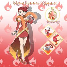 an anime character is standing in front of a red background with the words gym leader agnes