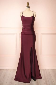 Sonia Burgundy Backless Mermaid Maxi Dress w/ Slit | Boutique 1861 front view Revealing Long Dress, Burgendy Formal Dress, Satin Dress Burgundy, Burgundy Corset Prom Dress, Open Back Grad Dresses, Prom Dresses Maroon Burgundy, Elegant Vintage Dresses Formal, Simple Gala Dresses, Gr 8 Grad Dresses Long