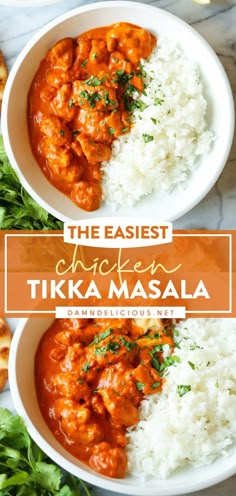 two bowls filled with chicken tikka masala and rice