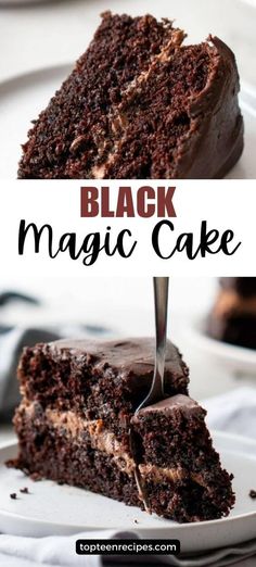 a slice of black magic cake on a plate