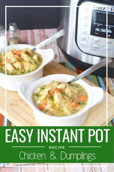 two white bowls filled with chicken and dumplings next to an instant pot on a cutting board