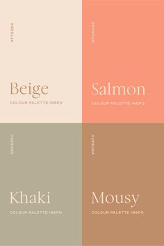 four different color palettes with the words bejee, salmon and khaki