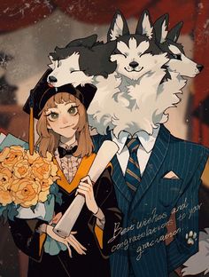 two anime characters are holding flowers and posing for the camera with their faces painted to look like wolfs