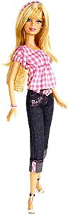 a barbie doll with blonde hair wearing black pants and a pink checkered t - shirt