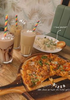 a pizza and drinks on a table with the names of different types of food in front of them