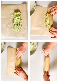 four images show how to make a sandwich roll with dough and avocado spread on it