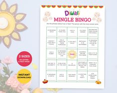 a printable minible bingo game with flowers on the table and other items around it