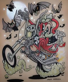 a drawing of a cartoon character riding a motorcycle with bats flying above it and on the ground