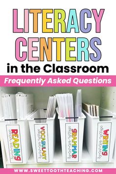 there are several bins with books on them and the words library centers in the classroom