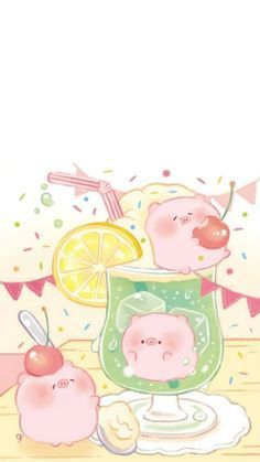 two pigs are sitting next to each other in front of an orange and lemon drink