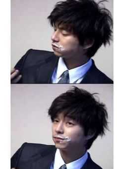 two pictures of a man in a suit and tie with white frosting on his face