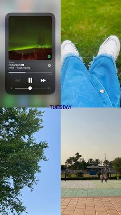 four different pictures with trees and people walking on the sidewalk, one has his feet up in the air